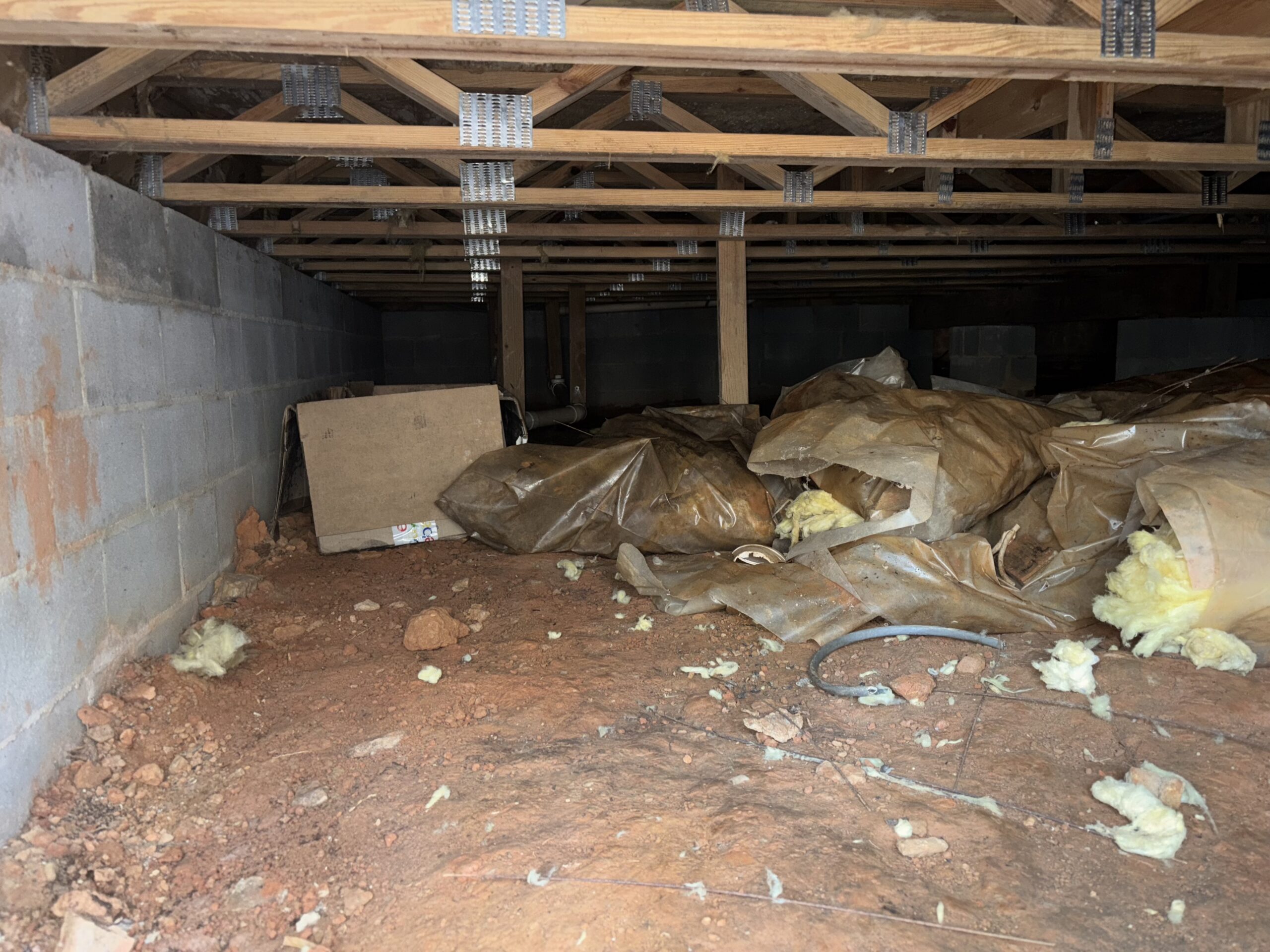 Before crawlspace work with insulation and exposed ground