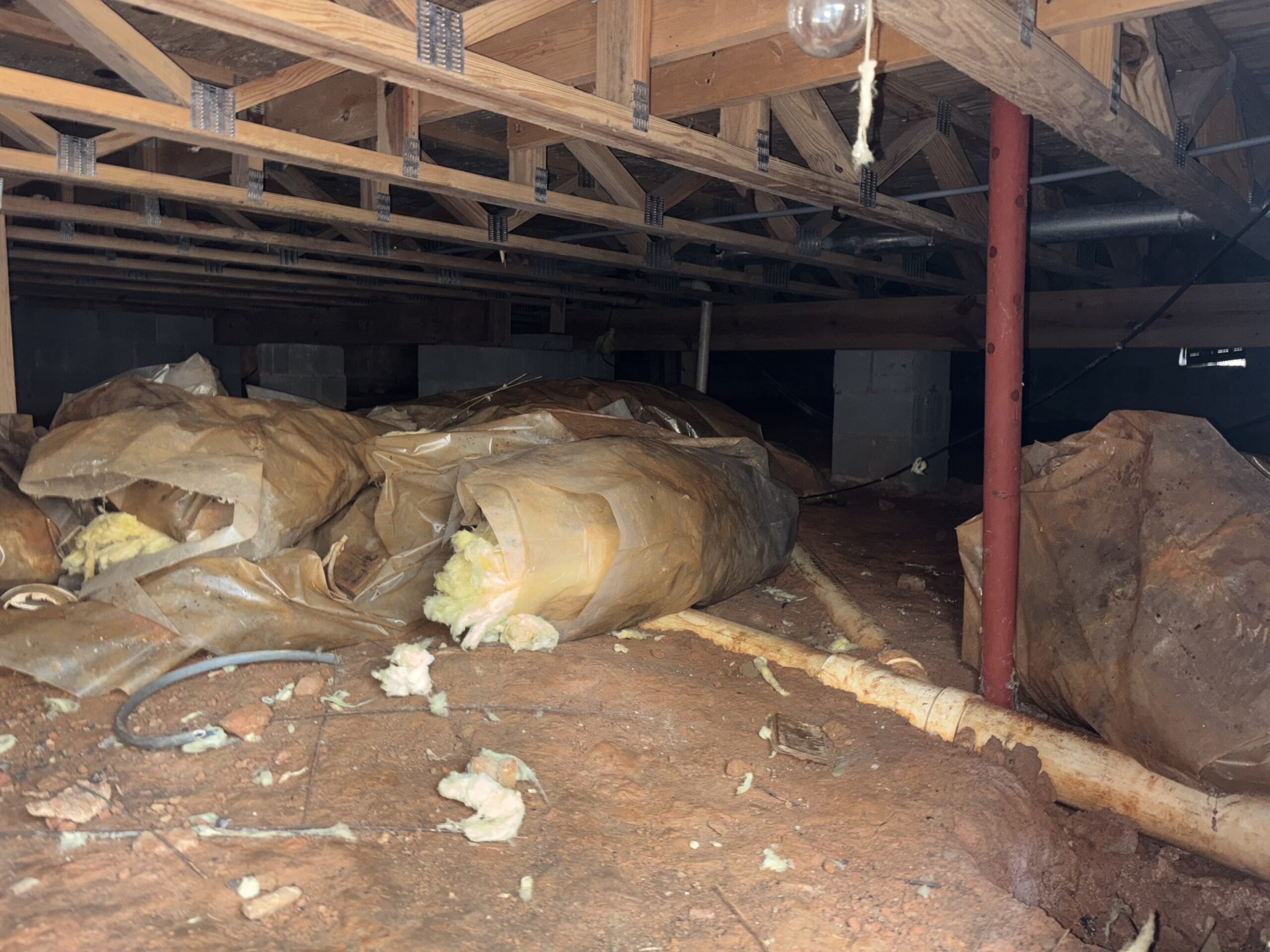 Before crawlspace encapsulation with exposed dirt and insulation